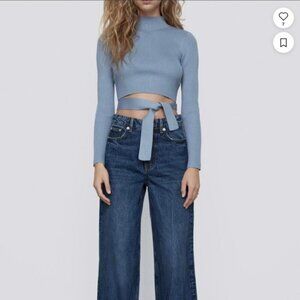 2/$30 Zara‎ Blue Backless Mock Neck Knit Sweater Wrap Around Tie Size Small
